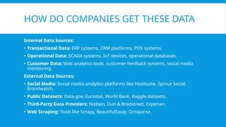 HOW DO COMPANIES GET THESE DATA
Internal Data Sources:
• Transactional Data: ERP systems, CRM platforms, POS systems.
• Operational Data: SCADA systems, IoT devices, operational databases.
• Customer Data: Web analytics tools, customer feedback systems, social media
monitoring.
External Data Sources:
• Social Media: Social media analytics platforms like Hootsuite, Sprout Social,
Brandwatch.
• Public Datasets: Data.gov, Eurostat, World Bank, Kaggle datasets.
• Third-Party Data Providers: Nielsen, Dun & Bradstreet, Experian.
• Web Scraping: Tools like Scrapy, BeautifulSoup, Octoparse.
 