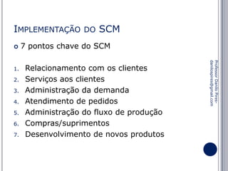 IMPLEMENTAÇÃO


2.
3.

4.
5.
6.
7.

SCM

7 pontos chave do SCM
Relacionamento com os clientes
Serviços aos clientes
Administração da demanda
Atendimento de pedidos
Administração do fluxo de produção
Compras/suprimentos
Desenvolvimento de novos produtos

Professor Danilo Piresdanilospires@gmail.com

1.

DO

 