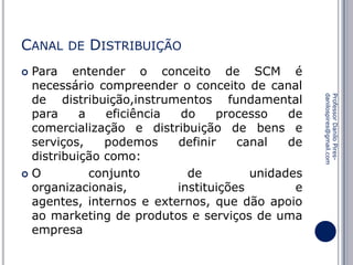 CANAL

DE

DISTRIBUIÇÃO

Para entender o conceito de SCM é
necessário compreender o conceito de canal
de distribuição,instrumentos fundamental
para
a
eficiência
do
processo
de
comercialização e distribuição de bens e
serviços,
podemos
definir
canal
de
distribuição como:
O
conjunto
de
unidades
organizacionais,
instituições
e
agentes, internos e externos, que dão apoio
ao marketing de produtos e serviços de uma
empresa


Professor Danilo Piresdanilospires@gmail.com

 