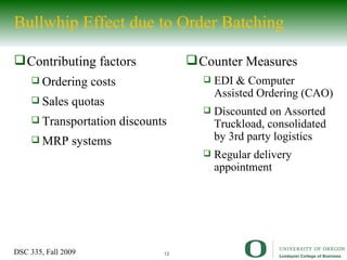 Bullwhip Effect due to Order Batching Contributing factors Ordering costs Sales quotas Transportation discounts  MRP systems Counter Measures EDI & Computer Assisted Ordering (CAO) Discounted on Assorted Truckload, consolidated by 3rd party logistics Regular delivery appointment 