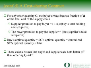 (cont’d) A Cost-sharing Contract For any order quantity Q, the buyer always bears a fraction of    of the total cost of the supply chain Supplier promises to pay buyer = (1–  )  (buy’s total holding and setup cost) The buyer promises to pay the supplier = (  )  (supplier’s total setup cost) Buy’s optimal quantity = SC’s optimal quantity = centralized SC’s optimal quantity = 894 There exist a    such that buyer and suppliers are both better off than ordering Q=447 