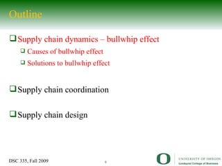 Outline  Supply chain dynamics – bullwhip effect Causes of bullwhip effect Solutions to bullwhip effect Supply chain coordination Supply chain design 