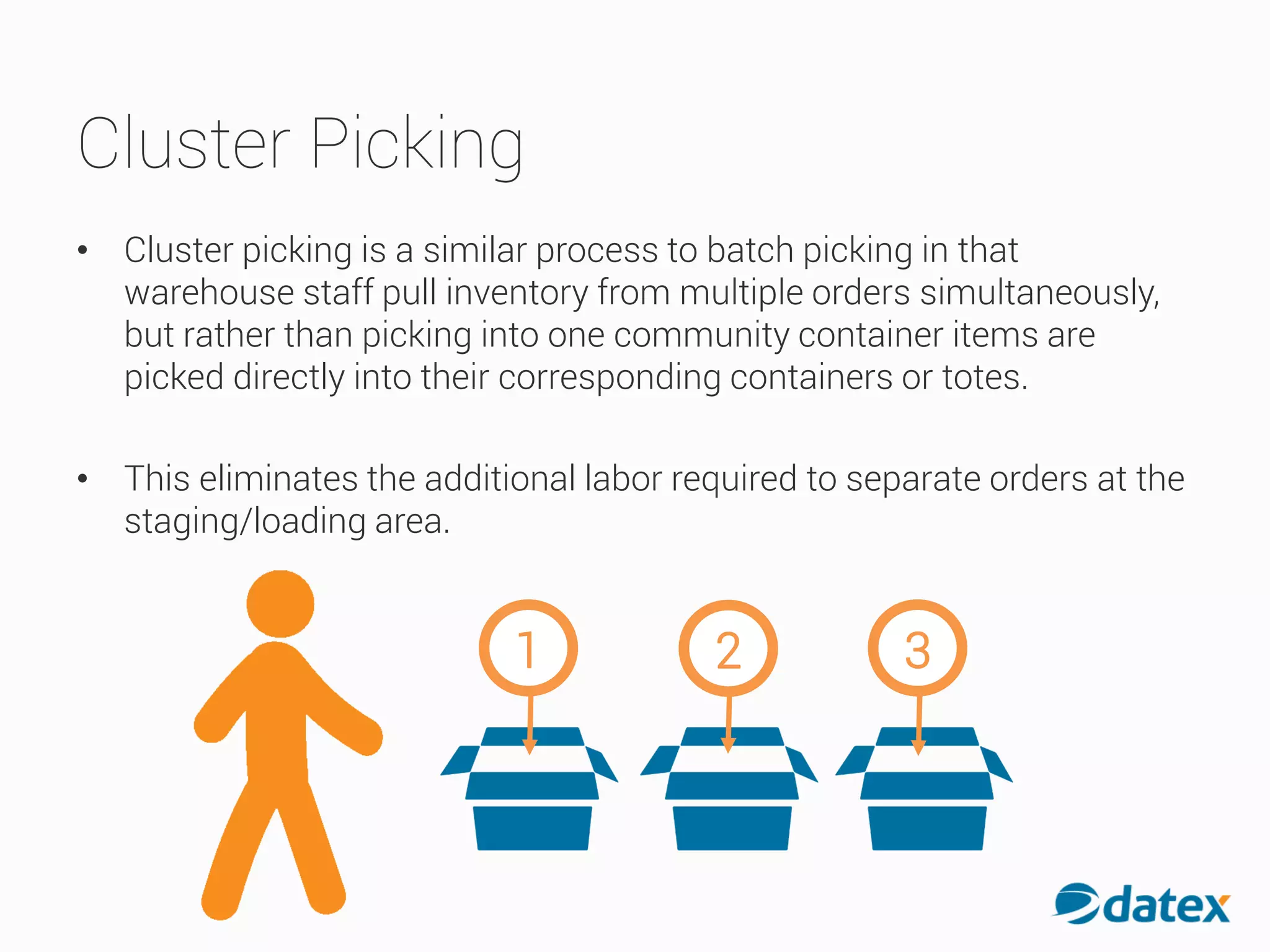 Cluster Picking
• Cluster picking is a similar process to batch picking in that
warehouse staff pull inventory from multiple orders simultaneously,
but rather than picking into one community container items are
picked directly into their corresponding containers or totes.
• This eliminates the additional labor required to separate orders at the
staging/loading area.
1 2 3
 