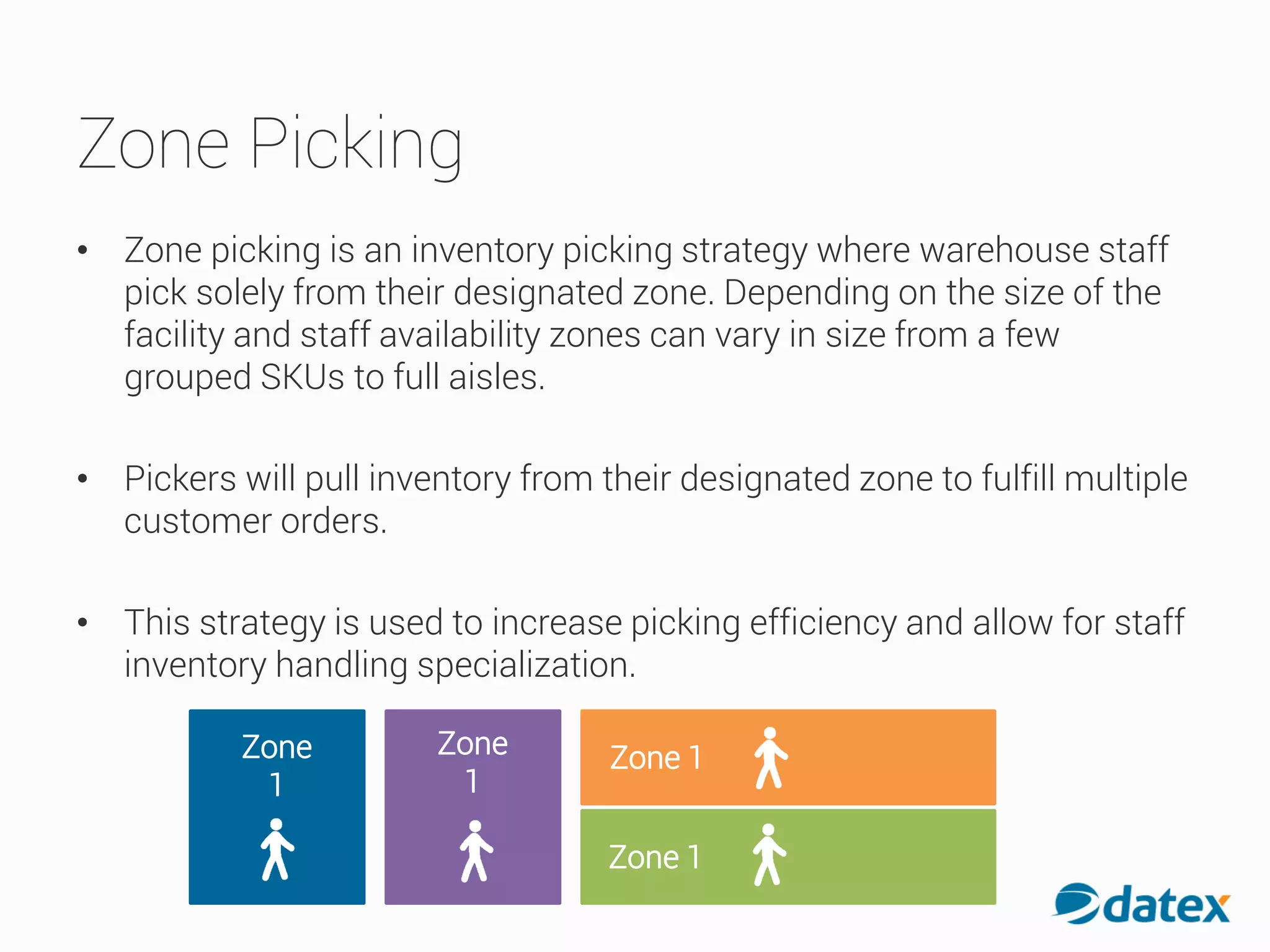 Zone Picking
• Zone picking is an inventory picking strategy where warehouse staff
pick solely from their designated zone. Depending on the size of the
facility and staff availability zones can vary in size from a few
grouped SKUs to full aisles.
• Pickers will pull inventory from their designated zone to fulfill multiple
customer orders.
• This strategy is used to increase picking efficiency and allow for staff
inventory handling specialization.
Zone
1
Zone
1
Zone 1
Zone 1
 