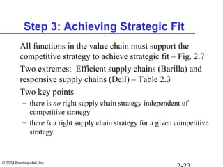 © 2004 Prentice-Hall, Inc.
Step 3: Achieving Strategic Fit
All functions in the value chain must support the
competitive strategy to achieve strategic fit – Fig. 2.7
Two extremes: Efficient supply chains (Barilla) and
responsive supply chains (Dell) – Table 2.3
Two key points
– there is no right supply chain strategy independent of
competitive strategy
– there is a right supply chain strategy for a given competitive
strategy
 