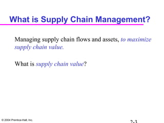 © 2004 Prentice-Hall, Inc.
What is Supply Chain Management?
Managing supply chain flows and assets, to maximize
supply chain value.
What is supply chain value?
 
