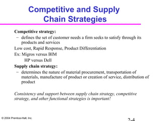 © 2004 Prentice-Hall, Inc.
Competitive and Supply
Chain Strategies
Competitive strategy:
– defines the set of customer needs a firm seeks to satisfy through its
products and services
Low cost, Rapid Response, Product Differentiation
Ex: Migros versus BIM
HP versus Dell
Supply chain strategy:
– determines the nature of material procurement, transportation of
materials, manufacture of product or creation of service, distribution of
product
Consistency and support between supply chain strategy, competitive
strategy, and other functional strategies is important!
 