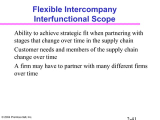 © 2004 Prentice-Hall, Inc.
Flexible Intercompany
Interfunctional Scope
Ability to achieve strategic fit when partnering with
stages that change over time in the supply chain
Customer needs and members of the supply chain
change over time
A firm may have to partner with many different firms
over time
 
