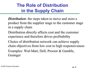 © 2007 Pearson Education
The Role of Distribution
in the Supply Chain
Distribution: the steps taken to move and store a
product from the supplier stage to the customer stage
in a supply chain
Distribution directly affects cost and the customer
experience and therefore drives profitability
Choice of distribution network can achieve supply
chain objectives from low cost to high responsiveness
Examples: Wal-Mart, Dell, Proctor & Gamble,
Grainger
 