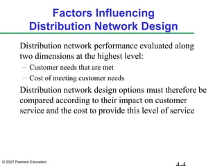 © 2007 Pearson Education
Factors Influencing
Distribution Network Design
Distribution network performance evaluated along
two dimensions at the highest level:
– Customer needs that are met
– Cost of meeting customer needs
Distribution network design options must therefore be
compared according to their impact on customer
service and the cost to provide this level of service
 