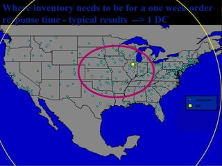 © 2007 Pearson Education
Customer
DC
Where inventory needs to be for a one week orderWhere inventory needs to be for a one week order
response time - typical results --> 1 DCresponse time - typical results --> 1 DC
 