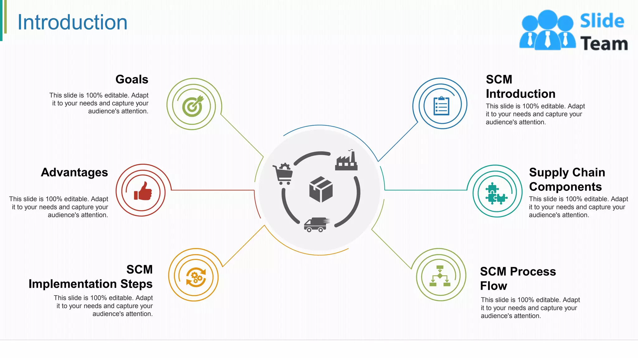 Introduction
SCM Process
Flow
This slide is 100% editable. Adapt
it to your needs and capture your
audience's attention.
SCM
Introduction
This slide is 100% editable. Adapt
it to your needs and capture your
audience's attention.
Supply Chain
Components
This slide is 100% editable. Adapt
it to your needs and capture your
audience's attention.
SCM
Implementation Steps
This slide is 100% editable. Adapt
it to your needs and capture your
audience's attention.
Advantages
This slide is 100% editable. Adapt
it to your needs and capture your
audience's attention.
Goals
This slide is 100% editable. Adapt
it to your needs and capture your
audience's attention.
2
 