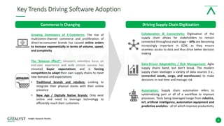 4
Key Trends Driving Software Adoption
Growing Dominance of E-Commerce: The rise of
multi/omni-channel commerce and proliferation of
direct-to-consumer brands has caused online orders
to increase exponentially in terms of volume, speed,
and complexity
The “Amazon Effect”: Amazon’s relentless focus on
end-user experience and wide stream success has
elevated buyer expectations and is forcing
competitors to adapt their own supply chains to meet
new demand and expectations
• Traditional brands and retailers: Looking to
integrate their physical stores with their online
presence
• New Age / Digitally Native Brands: Only exist
online and need to leverage technology to
efficiently reach their customers
Commerce is Changing Driving Supply Chain Digitization
Collaboration & Connectivity: Digitization of the
supply chain allows for stakeholders to remain
connected throughout each stage – APIs are becoming
increasingly important in SCM, as they ensure
seamless access to data and thus drive better decision
making
Data-Driven Adaptability / Risk Management: Agile
supply chains bend, but don’t break. The modern
supply chain leverages a variety of data sources (i.e.,
connected assets, cargo, and warehouses) to make
decisions in real-time and manage risk
Automation: Supply chain automation refers to
systematizing part or all of a workflow to improve
processes. Tools being leveraged range from robotics,
IoT, artificial intelligence, automation equipment and
predictive analytics - all of which improve productivity
 
