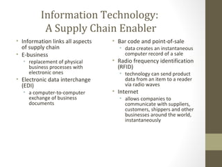 Information Technology:
           A Supply Chain Enabler
• Information links all aspects   • Bar code and point-of-sale
  of supply chain                   • data creates an instantaneous
• E-business                          computer record of a sale
  • replacement of physical       • Radio frequency identification
    business processes with         (RFID)
    electronic ones                 • technology can send product
• Electronic data interchange         data from an item to a reader
  (EDI)                               via radio waves
  • a computer-to-computer        • Internet
    exchange of business            • allows companies to
    documents                         communicate with suppliers,
                                      customers, shippers and other
                                      businesses around the world,
                                      instantaneously
 