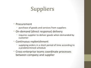 Suppliers

• Procurement
  • purchase of goods and services from suppliers
• On-demand (direct response) delivery
  • requires supplier to deliver goods when demanded by
    customer
• Continuous replenishment
  • supplying orders in a short period of time according to
    a predetermined schedule
• Cross-enterprise teams coordinate processes
  between company and supplier
 