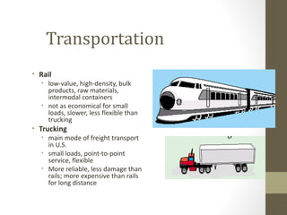 Transportation
• Rail
  • low-value, high-density, bulk
    products, raw materials,
    intermodal containers
  • not as economical for small
    loads, slower, less flexible than
    trucking
• Trucking
  • main mode of freight transport
    in U.S.
  • small loads, point-to-point
    service, flexible
  • More reliable, less damage than
    rails; more expensive than rails
    for long distance
 