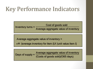 Key Performance Indicators

                            Cost of goods sold
   Inventory turns =
                     Average aggregate value of inventory


    Average aggregate value of inventory =
   == (average inventory for item i) X (unit value item i)


                    Average aggregate value of inventory
   Days of supply =
                    (Costs of goods sold)/(365 days)
 