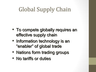 Global Supply Chain


 To compete globally requires an
  effective supply chain
 Information technology is an
  “enabler” of global trade
 Nations form trading groups
 No tariffs or duties
 
