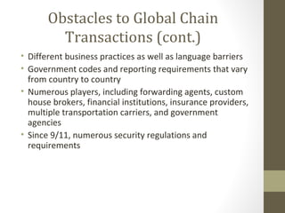 Obstacles to Global Chain
         Transactions (cont.)
• Different business practices as well as language barriers
• Government codes and reporting requirements that vary
  from country to country
• Numerous players, including forwarding agents, custom
  house brokers, financial institutions, insurance providers,
  multiple transportation carriers, and government
  agencies
• Since 9/11, numerous security regulations and
  requirements
 