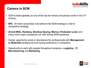 Careers in SCM

SCM is listed globally as one of the top ten forces of business world in the 21st
century.

90% of Indian corporates now believe that SCM strategy is vital to
competitive strategy.

Arvind Mills, Ranbaxy, Bombay Dyeing, Marico, Hindustan Lever and
many more major companies run with strong SCM backbone.

Career opportunity exists in abundance for professionals with Management
or Materials background and having proficiency in computers.

Opportunity to work with people throughout company—Logistics, IT,
Manufacturing and Marketing.




10             01/23/13 All rights reserved
 
