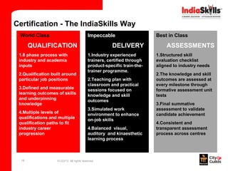 Certification - The IndiaSkills Way
 World Class                              Impeccable                    Best in Class

       QUALIFICATION                                  DELIVERY              ASSESSMENTS
 1.8 phase process with                   1.Industry experienced        1.Structured skill
 industry and academia                    trainers, certified through   evaluation checklist
 inputs                                   product-specific train-the-   aligned to industry needs
                                          trainer programme.
 2.Qualification built around                                           2.The knowledge and skill
 particular job positions                 2.Teaching plan with          outcomes are assessed at
                                          classroom and practical       every milestone through
 3.Defined and measurable                 sessions focused on           formative assessment unit
 learning outcomes of skills              knowledge and skill           tests
 and underpinning                         outcomes
 knowledge                                                              3.Final summative
                                          3.Simulated work              assessment to validate
 4.Multiple levels of                     environment to enhance        candidate achievement
 qualifications and multiple              on-job skills
 qualification paths to fit                                             4.Consistent and
 industry career                          4.Balanced visual,            transparent assessment
 progression                              auditory and kinaesthetic     process across centres
                                          learning process



  18               01/23/13 All rights reserved
 