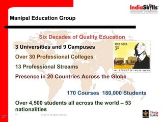 Manipal Education Group


               Six Decades of Quality Education
      3 Universities and 9 Campuses
      Over 30 Professional Colleges
      13 Professional Streams
      Presence in 20 Countries Across the Globe


                                               170 Courses 180,000 Students
      Over 4,500 students all across the world – 53
      nationalities
      37        01/23/13 All rights reserved
37
 