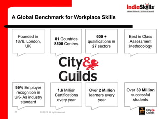 A Global Benchmark for Workplace Skills


  Founded in                                        600 +           Best in Class
                             81 Countries
 1878, London,                                 qualifications in    Assessment
                             8500 Centres
      UK                                         27 sectors         Methodology




 99% Employer
                               1.6 Million     Over 2 Million      Over 30 Million
  recognition in
                              Certifications   learners every        successful
 UK- As industry
                               every year           year              students
    standard

 38           01/23/13 All rights reserved
 