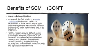 Benefits of SCM (CON’T
• Improved risk mitigation
• In general, the further along a supply
chain issue is detected, the more
expensive it is to fix. That’s why supply
chain management, which offers visibility
of the supply chain from end-to-end, is so
important.
• For this reason, around 50% of supply
chain leaders own all of the six "links"
frequently associated with supply chain
management: product development;
demand planning; supply planning;
sourcing and procurement; manufacturing;
and logistics and distribution
 