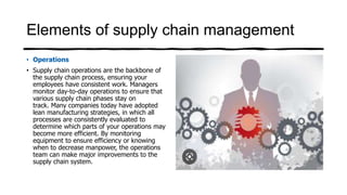Elements of supply chain management
• Operations
• Supply chain operations are the backbone of
the supply chain process, ensuring your
employees have consistent work. Managers
monitor day-to-day operations to ensure that
various supply chain phases stay on
track. Many companies today have adopted
lean manufacturing strategies, in which all
processes are consistently evaluated to
determine which parts of your operations may
become more efficient. By monitoring
equipment to ensure efficiency or knowing
when to decrease manpower, the operations
team can make major improvements to the
supply chain system.
 