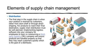 Elements of supply chain management
• Distribution
• The final step in the supply chain is when
your product is received by customers,
either from store shelf or through direct
shipping. For products to reach their final
destination, supply chain distribution must
be well planned. Implementing logistics
software into your company for
employees to learn or outsourcing a third-
party logistics (3PL) company will ensure
products are handled properly so that
they may reach customers quickly which
is the goal of a distributor.
 