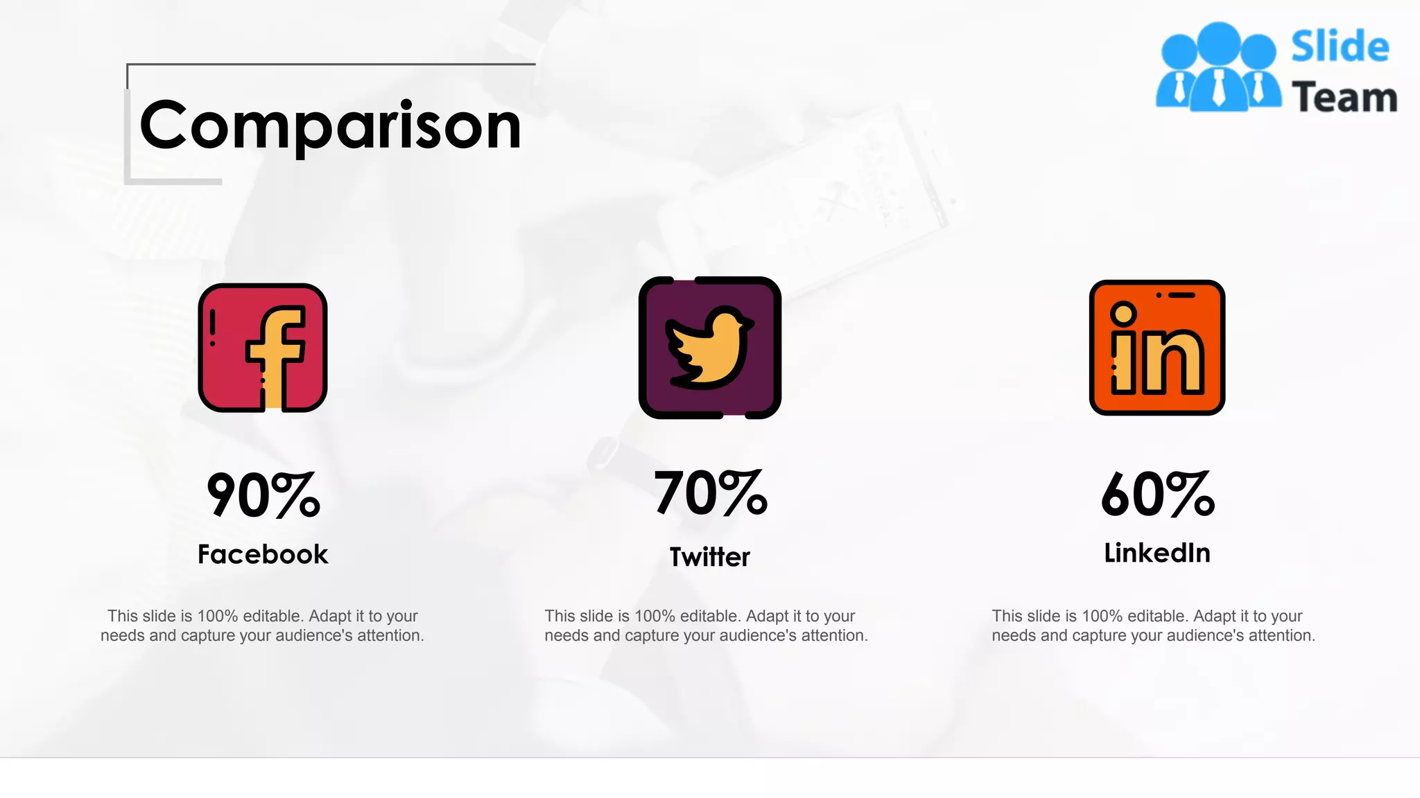 Facebook
This slide is 100% editable. Adapt it to your
needs and capture your audience's attention.
90%
Twitter
This slide is 100% editable. Adapt it to your
needs and capture your audience's attention.
70%
LinkedIn
This slide is 100% editable. Adapt it to your
needs and capture your audience's attention.
60%
Comparison
16
 