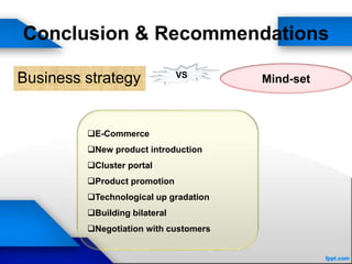 Conclusion & Recommendations
Business strategy Mind-setVS
E-Commerce
New product introduction
Cluster portal
Product promotion
Technological up gradation
Building bilateral
Negotiation with customers
 