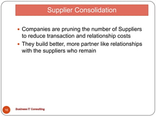 Supplier Consolidation16Companies are pruning the number of Suppliers to reduce transaction and relationship costsThey build better, more partner like relationships with the suppliers who remainBusiness IT Consulting