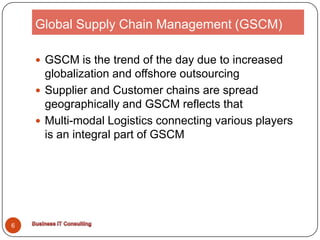 Global Supply Chain Management (GSCM)GSCM is the trend of the day due to increased globalization and offshore outsourcingSupplier and Customer chains are spread geographically and GSCM reflects thatMulti-modal Logistics connecting various players is an integral part of GSCM6Business IT Consulting