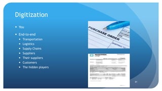 Digitization
21
 You
 End-to-end
 Transportation
 Logistics
 Supply Chains
 Suppliers
 Their suppliers
 Customers
 The hidden players
 