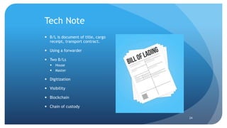 Tech Note
 B/L is document of title, cargo
receipt, transport contract.
 Using a forwarder
 Two B/Ls
 House
 Master
 Digitization
 Visibility
 Blockchain
 Chain of custody
24
 