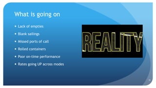 What is going on
 Lack of empties
 Blank sailings
 Missed ports of call
 Rolled containers
 Poor on-time performance
 Rates going UP across modes
31
 