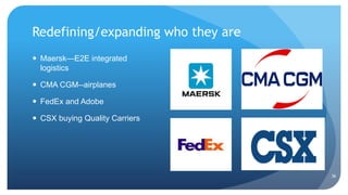 Redefining/expanding who they are
 Maersk—E2E integrated
logistics
 CMA CGM--airplanes
 FedEx and Adobe
 CSX buying Quality Carriers
36
 