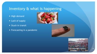 Inventory & what is happening
 High demand
 Lack of supply
 Stuck in transit
 Forecasting in a pandemic
39
 