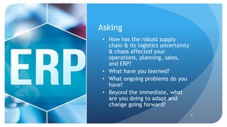 Asking
• How has the robust supply
chain & its logistics uncertainty
& chaos affected your
operations, planning, sales,
and ERP?
• What have you learned?
• What ongoing problems do you
have?
• Beyond the immediate, what
are you doing to adapt and
change going forward?
4
 