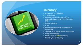 Inventory
• Forecasting in a pandemic
• “Optimization”
• Inventory (inventory turns/days of
inventory) speed –HOW OFTEN YOU GET
PAID
• Critical products
• A,B,C
• More stocking points as to inventory &
complexity
• Velocity/turns & alternative investments
• Integrated visibility
• CoViD—more or buffer inventory
• Inventory & warehousing
42
 