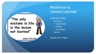Resilience &
Lessons Learned
Inside the 4 Walls
Structure
 Organization
 Process
 Technology
Metrics
Outside the 4 Walls
8
 