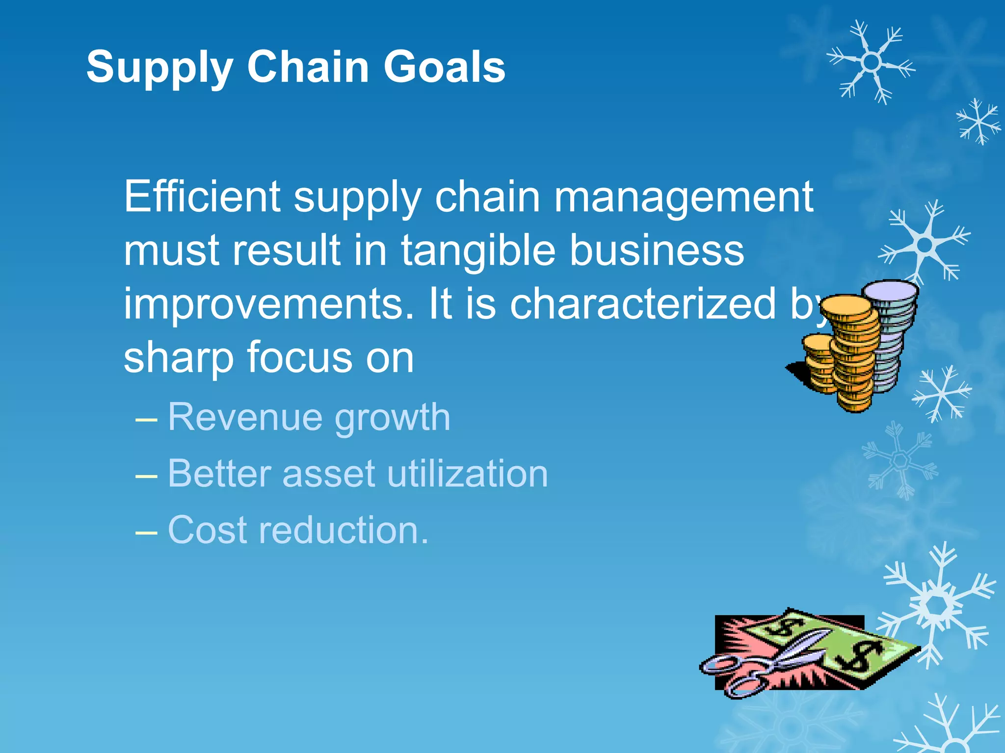 Supply Chain Goals

 Efficient supply chain management
 must result in tangible business
 improvements. It is characterized by a
 sharp focus on
  – Revenue growth
  – Better asset utilization
  – Cost reduction.
 