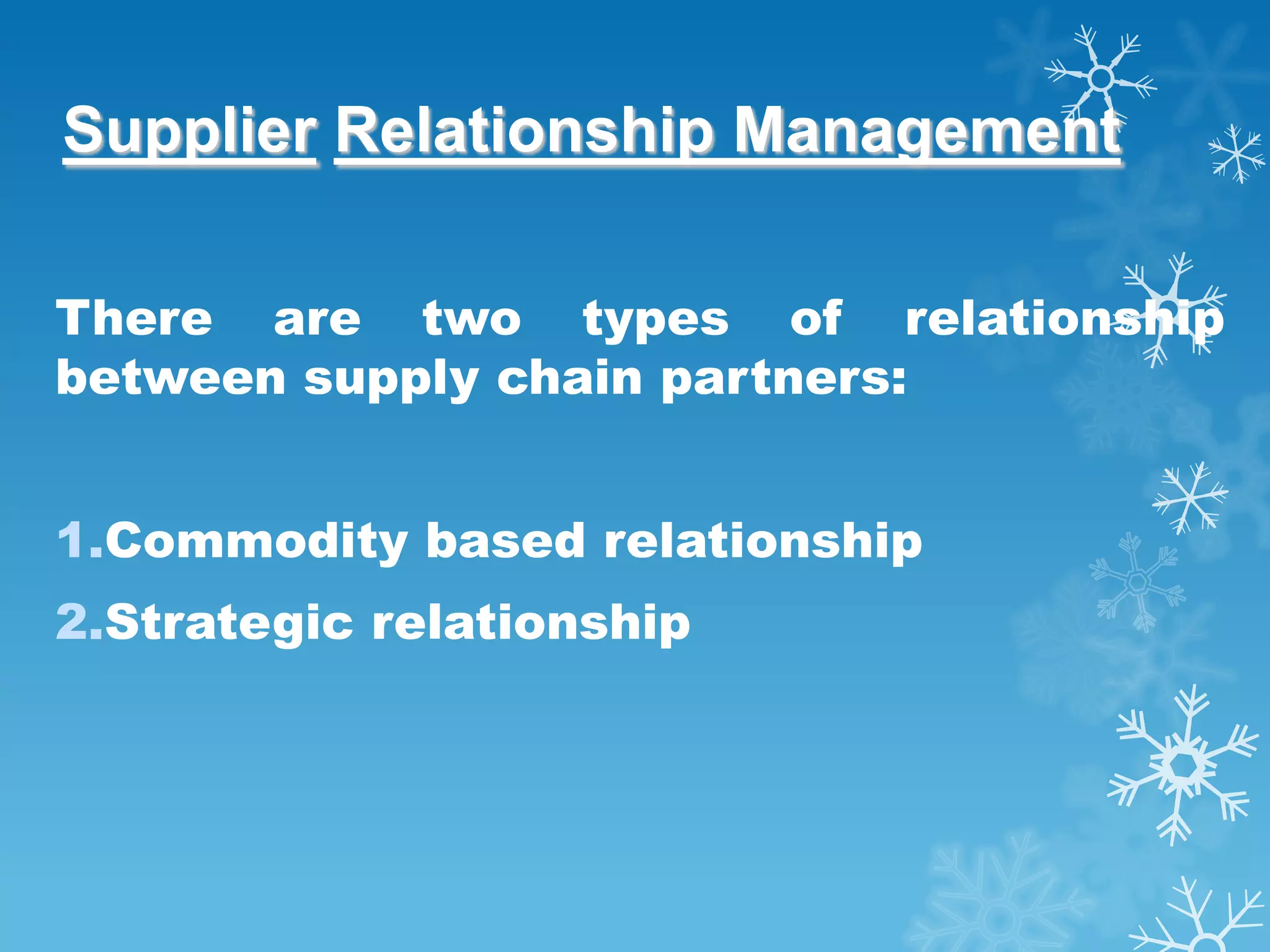 Supplier Relationship Management

There are two types of relationship
between supply chain partners:


1.Commodity based relationship
2.Strategic relationship
 