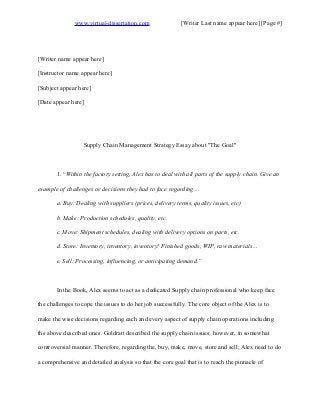 www.virtual-dissertation.com [Writer Last name appear here] [Page #]
[Writer name appear here]
[Instructor name appear here]
[Subject appear here]
[Date appear here]
Supply Chain Management Strategy Essay about "The Goal"
1. “Within the factory setting, Alex has to deal with all parts of the supply chain. Give an
example of challenges or decisions they had to face regarding…
a. Buy: Dealing with suppliers (prices, delivery terms, quality issues, etc)
b. Make: Production schedules, quality, etc.
c. Move: Shipment schedules, dealing with delivery options on parts, etc.
d. Store: Inventory, inventory, inventory! Finished goods, WIP, raw materials…
e. Sell: Processing, influencing, or anticipating demand.”
In the Book, Alex seems to act as a dedicated Supply chain professional who keep face
the challenges to cope the issues to do her job successfully. The core object of the Alex is to
make the wise decisions regarding each and every aspect of supply chain operations including
the above described ones. Goldratt described the supply chain issues; however, in somewhat
controversial manner. Therefore, regarding the, buy, make, move, store and sell; Alex need to do
a comprehensive and detailed analysis so that the core goal that is to reach the pinnacle of
 