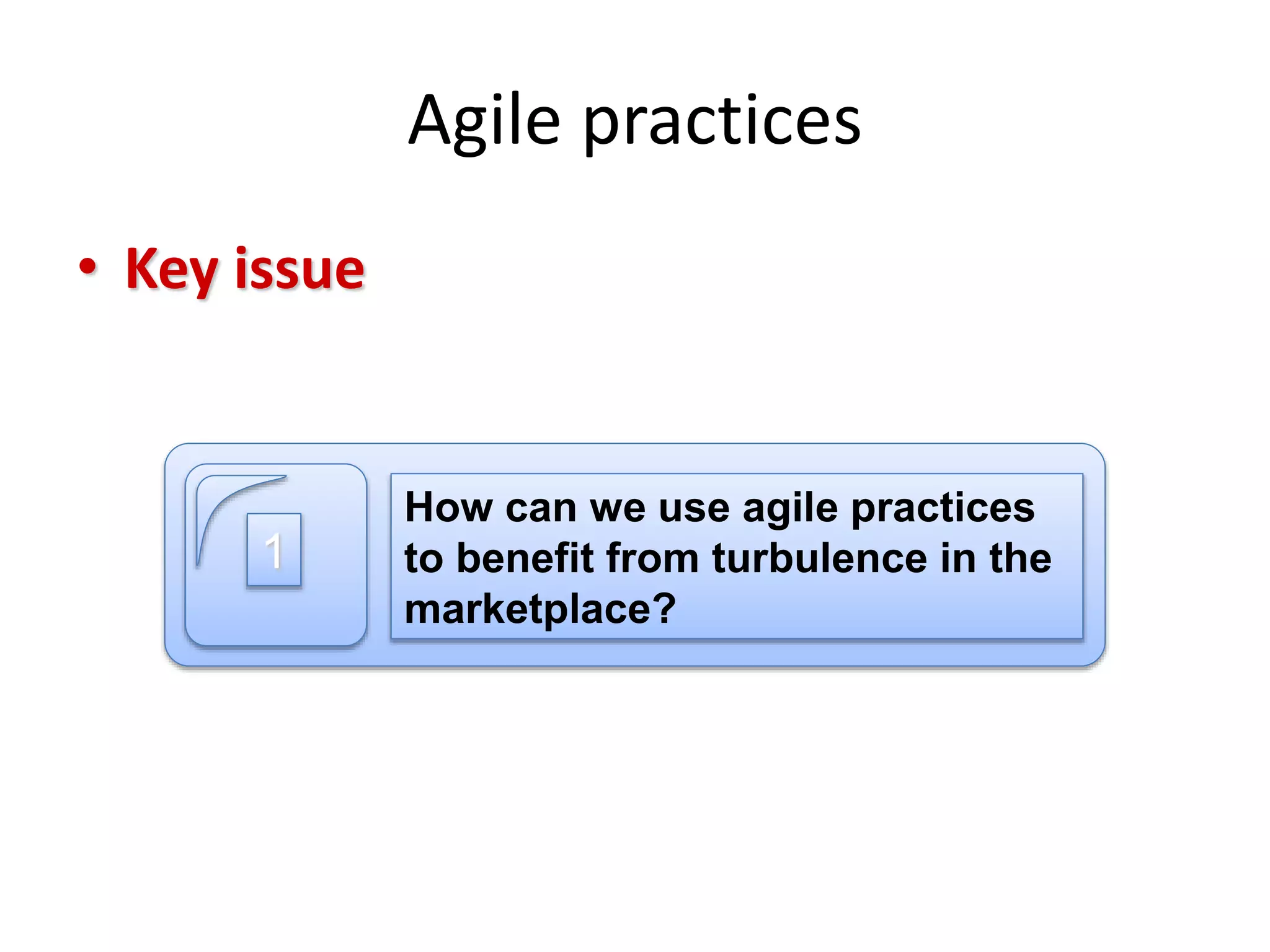 Agile practices
• Key issue
1
How can we use agile practices
to benefit from turbulence in the
marketplace?
 