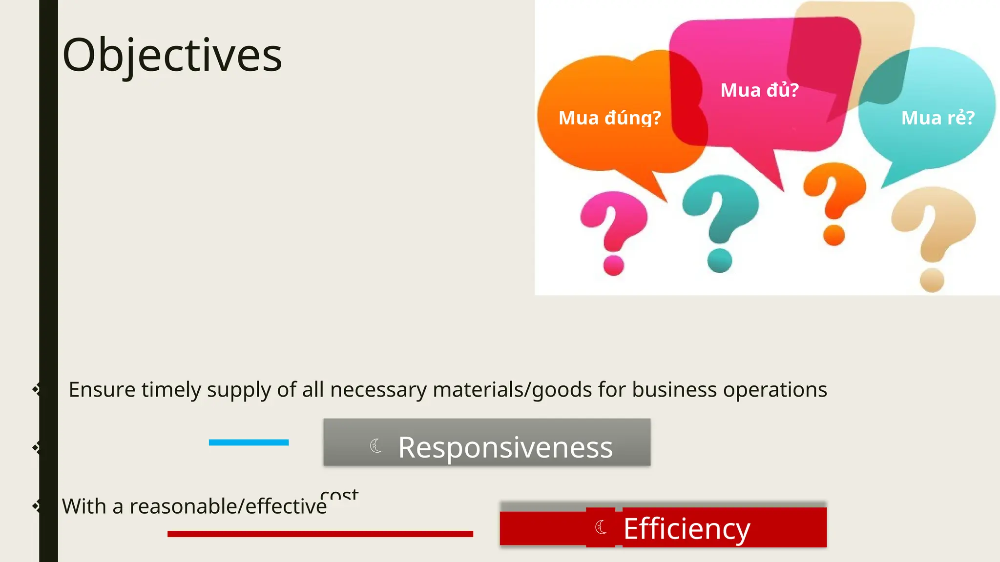 Objectives
 Ensure timely supply of all necessary materials/goods for business operations

 With a reasonable/effective
Mua rẻ?
Mua đúng?
Mua đủ?
 Efficiency
 Responsiveness
cost
 