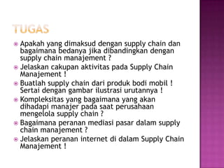  Apakah yang dimaksud dengan supply chain dan
  bagaimana bedanya jika dibandingkan dengan
  supply chain manajement ?
 Jelaskan cakupan aktivitas pada Supply Chain
  Manajement !
 Buatlah supply chain dari produk bodi mobil !
  Sertai dengan gambar ilustrasi urutannya !
 Kompleksitas yang bagaimana yang akan
  dihadapi manajer pada saat perusahaan
  mengelola supply chain ?
 Bagaimana peranan mediasi pasar dalam supply
  chain manajement ?
 Jelaskan peranan internet di dalam Supply Chain
  Manajement !
 
