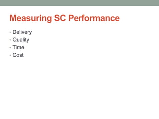Measuring SC Performance
• Delivery
• Quality
• Time
• Cost
 