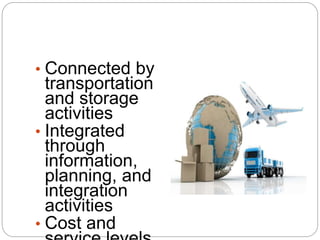 • Connected by
transportation
and storage
activities
• Integrated
through
information,
planning, and
integration
activities
• Cost and
 
